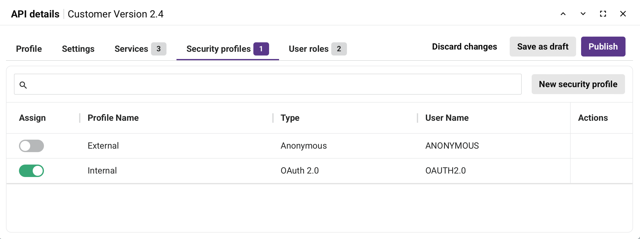 security profiles tab