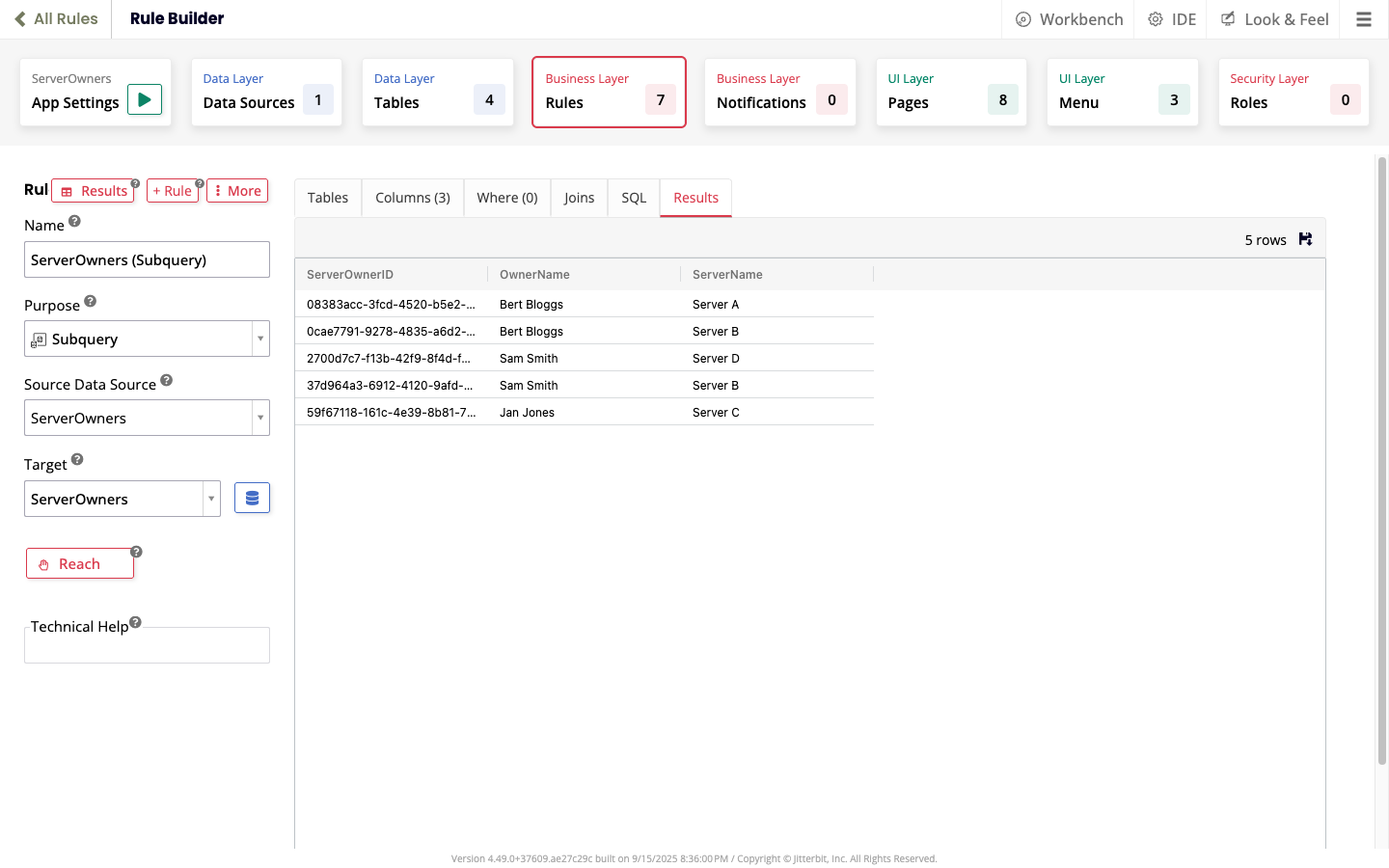 ServerOwners subquery rule results
