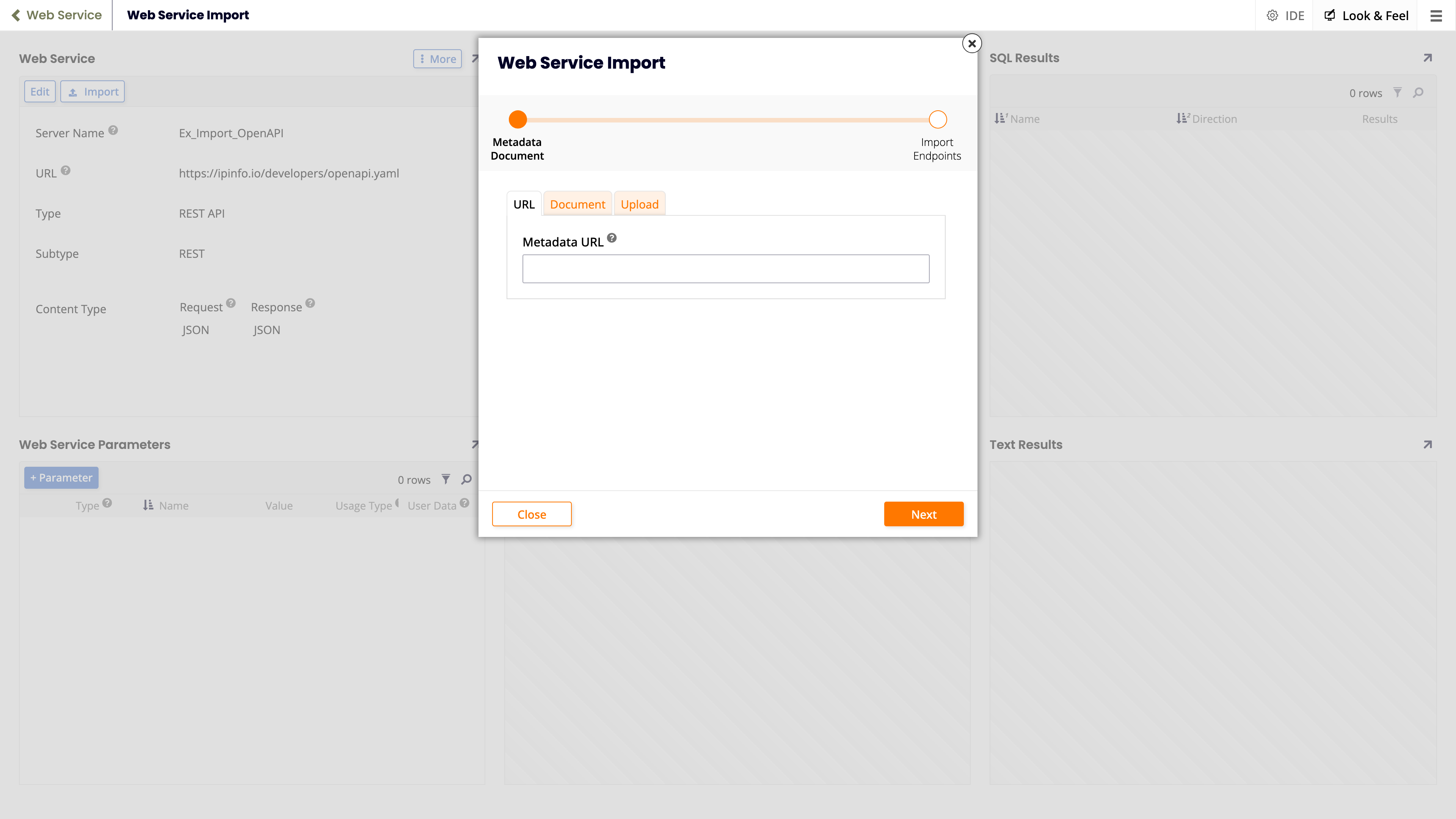 Web Service Import dialog