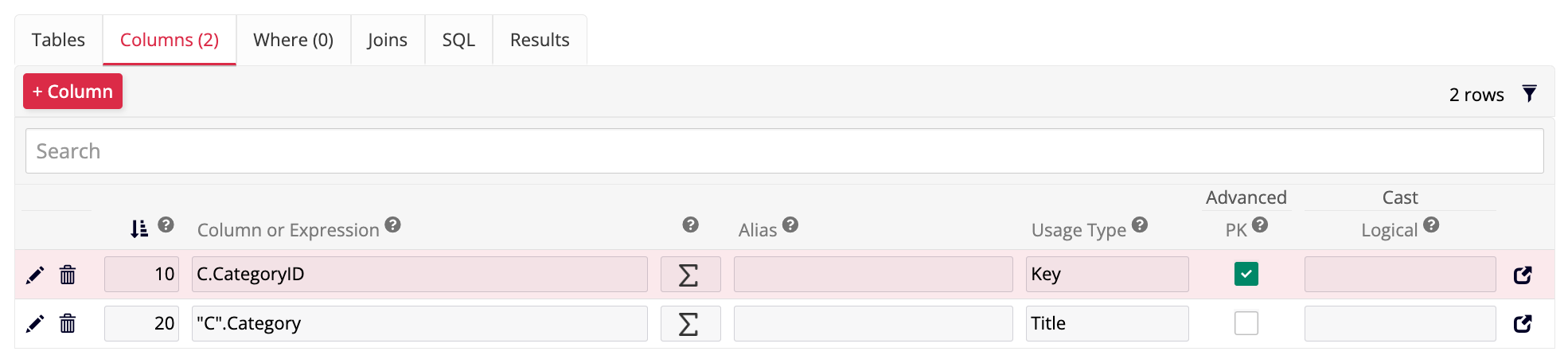 Columns panel 2 - Rule builder
