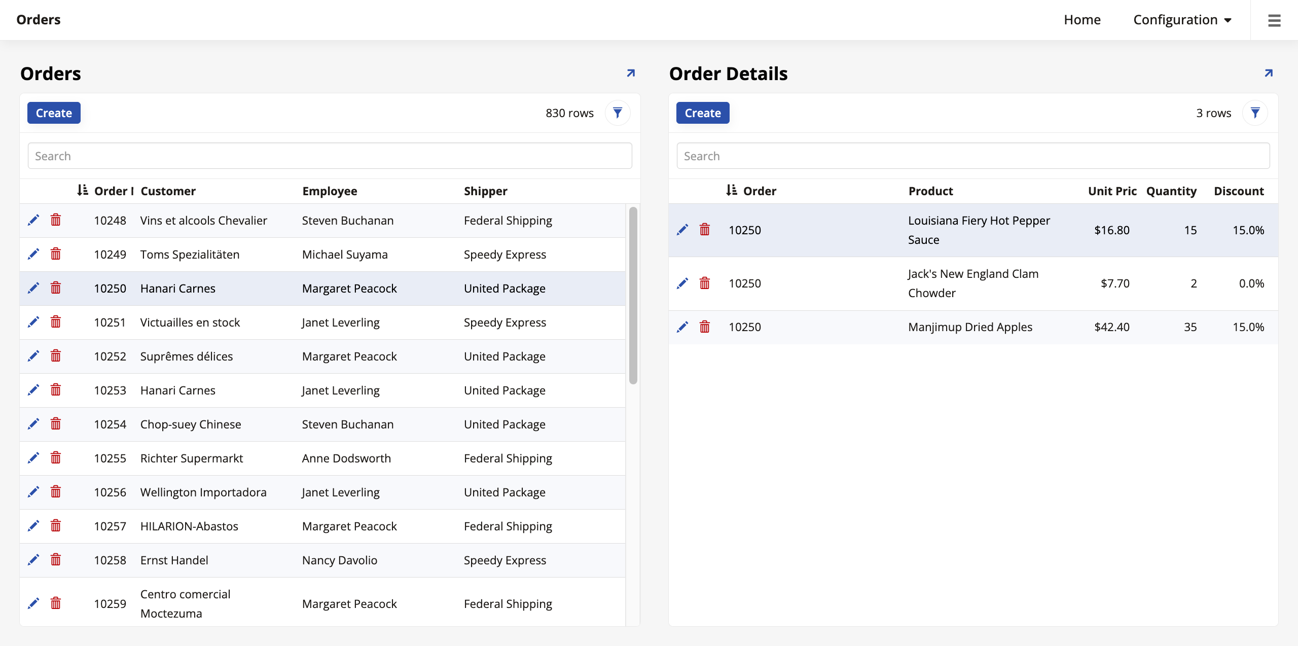 Orders page with two panels