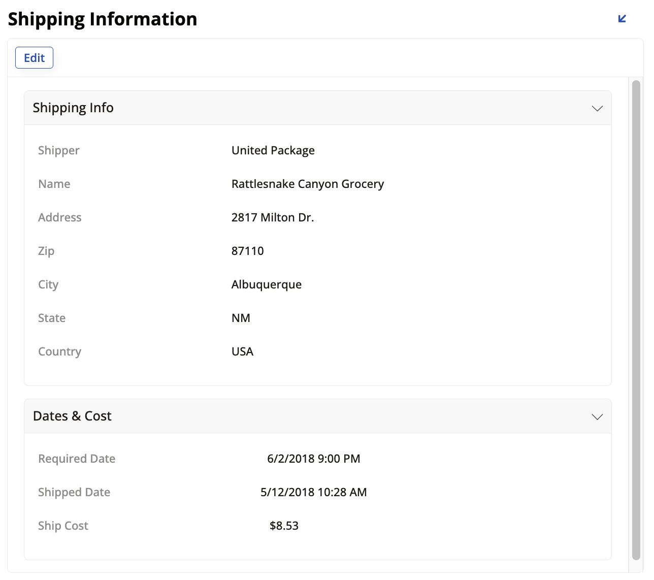 Shipping Information panel