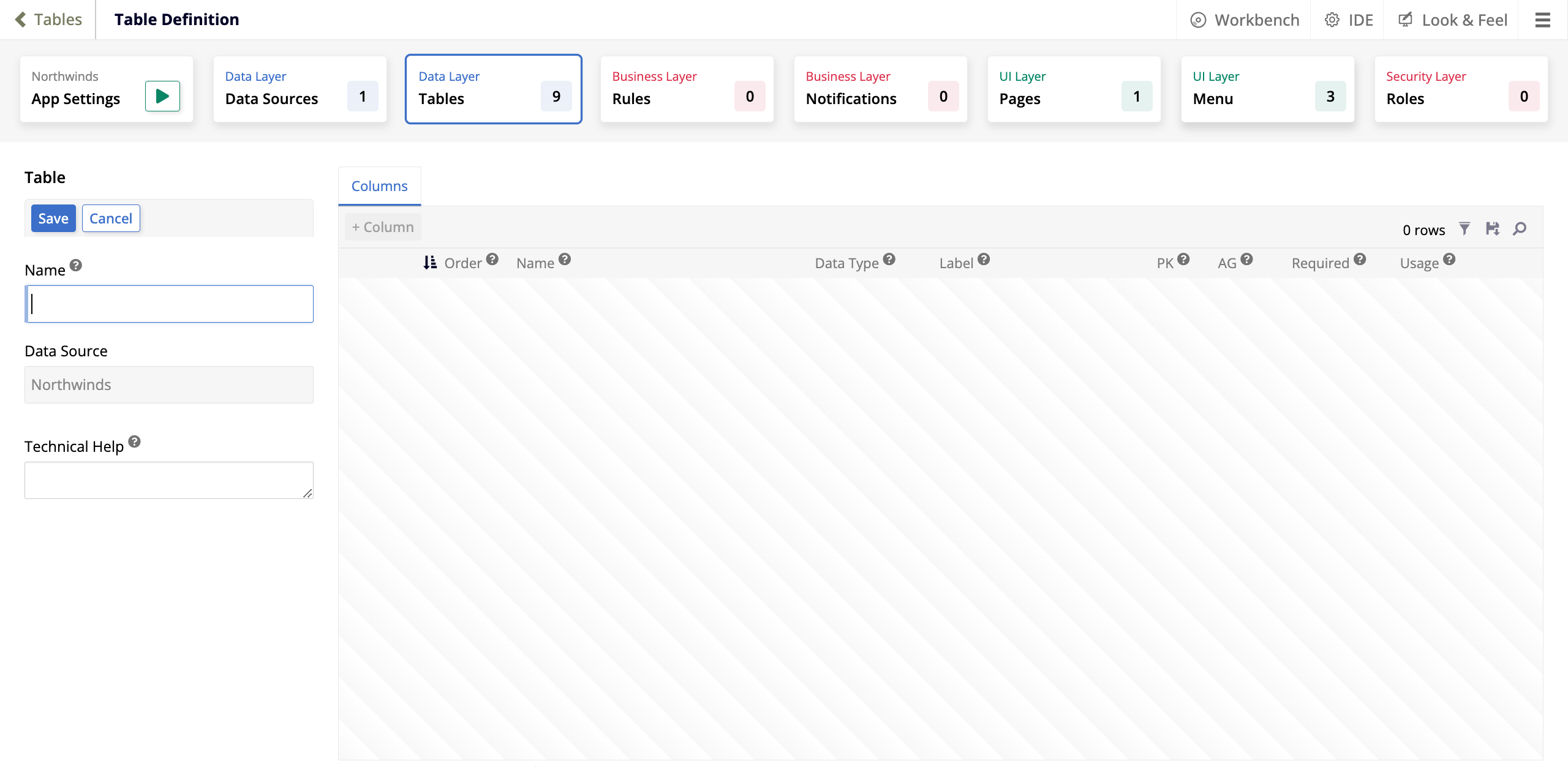 Table definition page