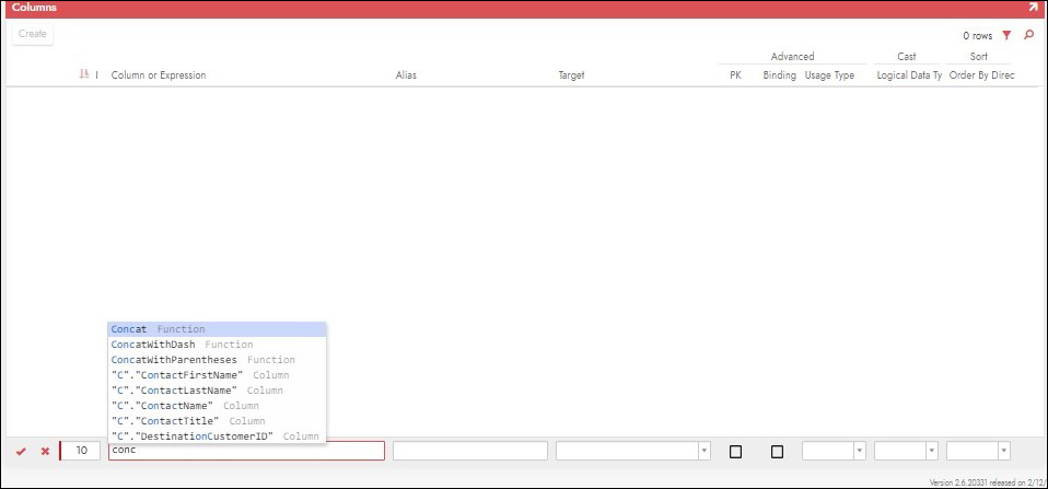 Figure 1: Example of mvSQL Editor autocomplete suggestions when typing into column or expression field Aceeditor 1