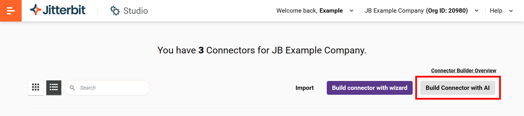 Connector Builder header with AI button