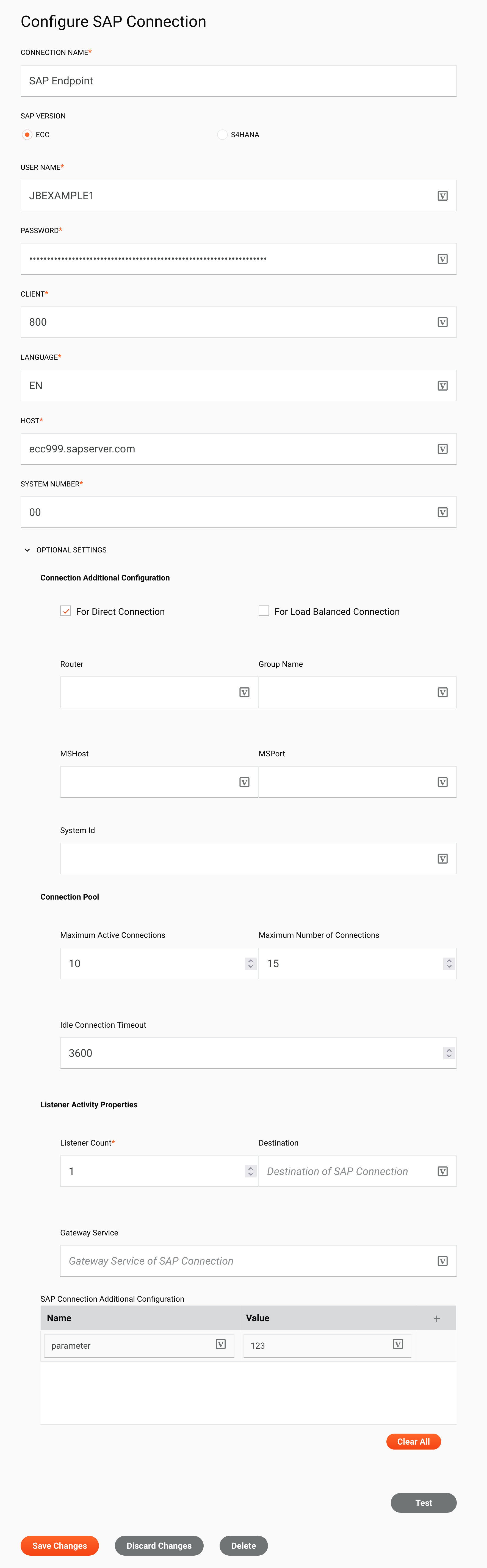 SAP connection configuration
