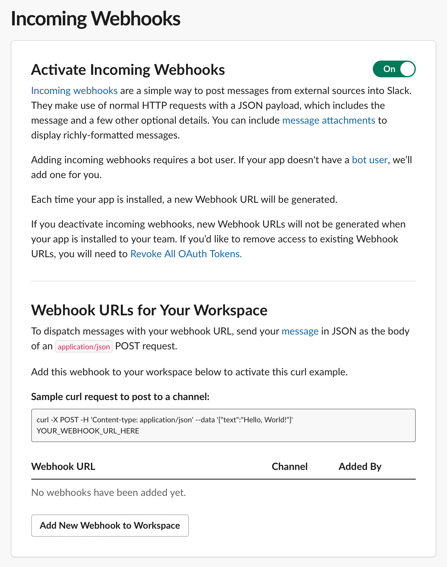 Slack application creation