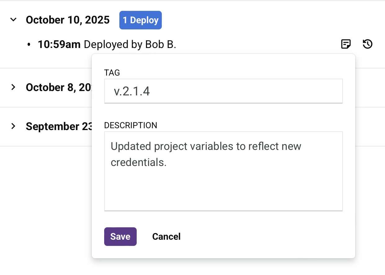 project history tag dialog