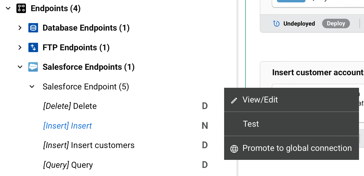 menu de ações de conexão