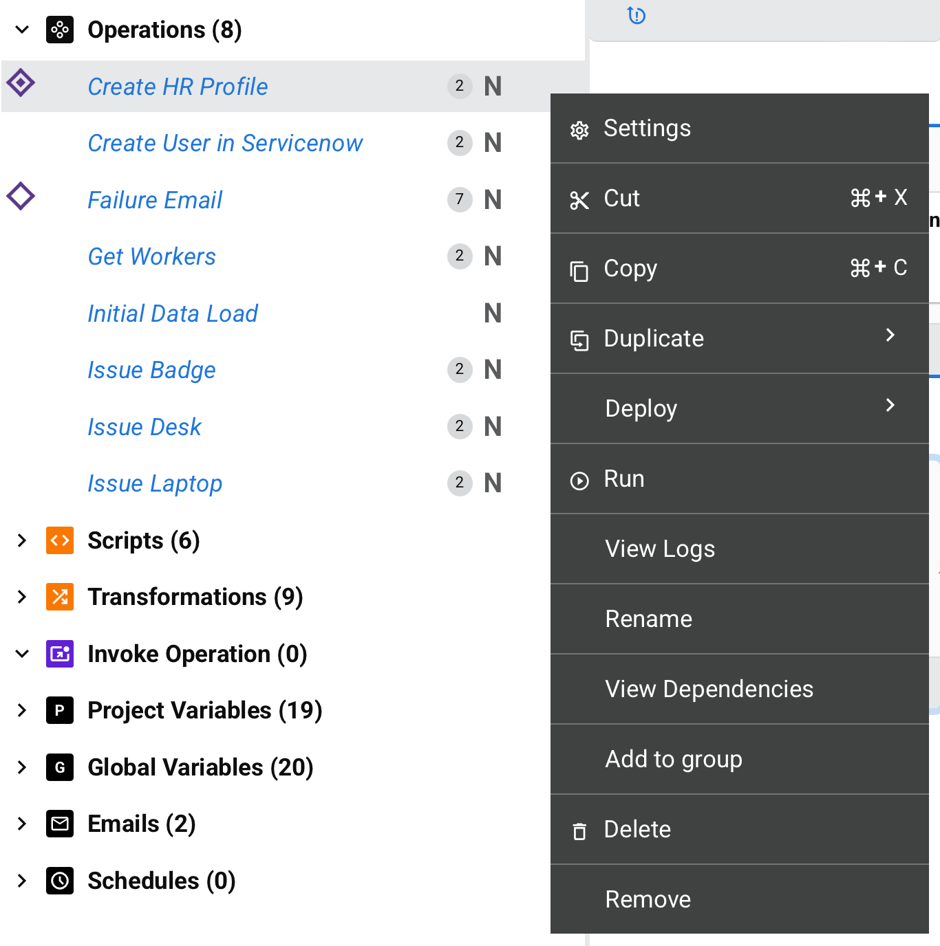 menu de ações de operações