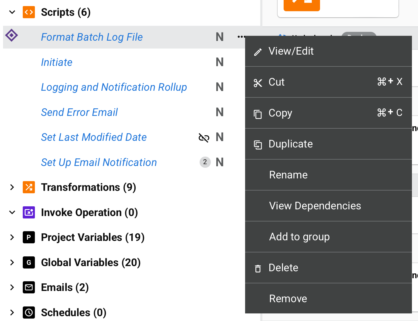 menu de ações do script