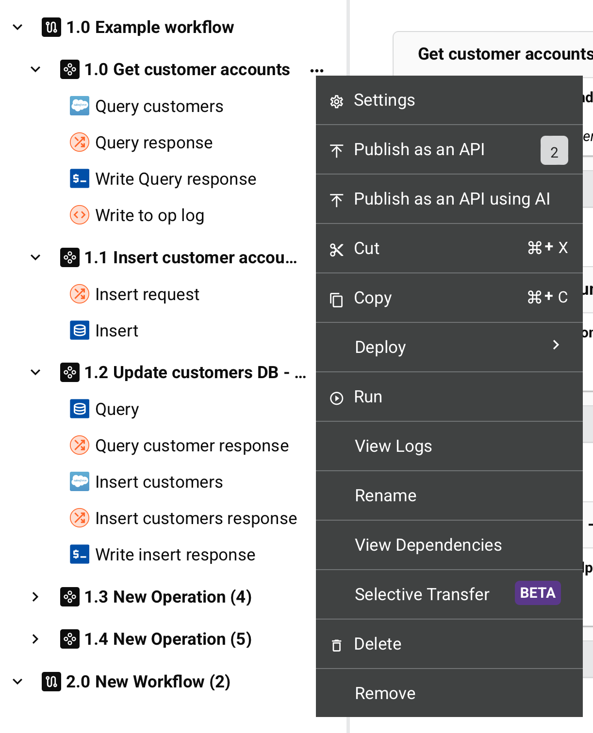 operation actions menu
