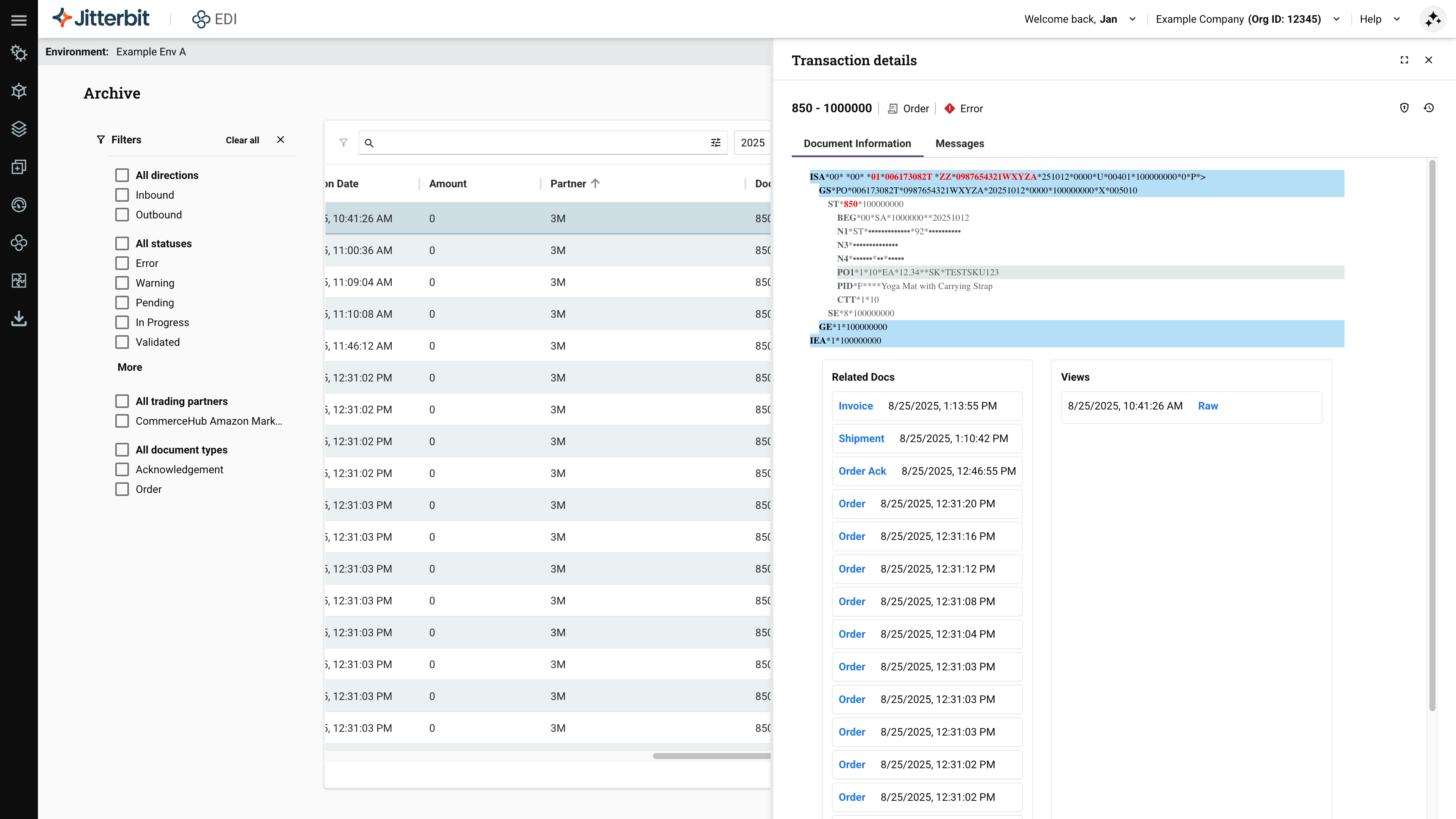 Archived transactions document information