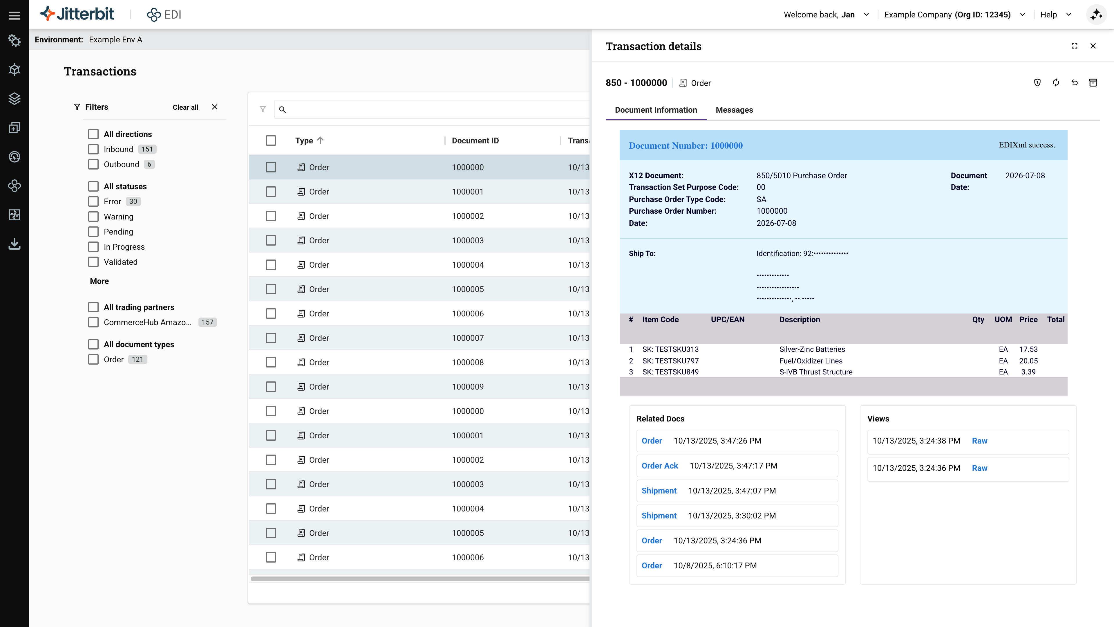 Informações do documento de transações