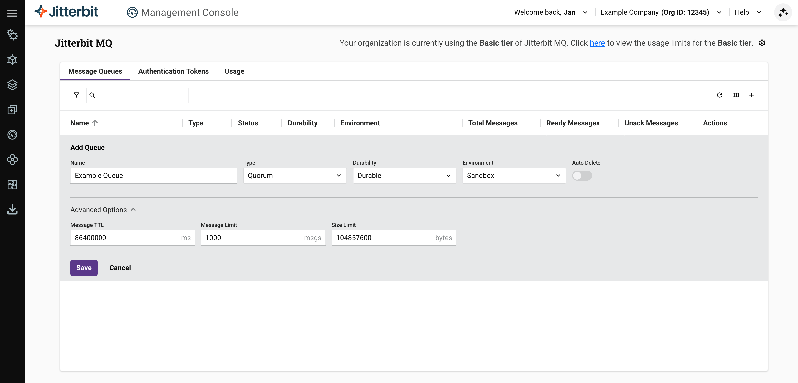 Message queues configure queue