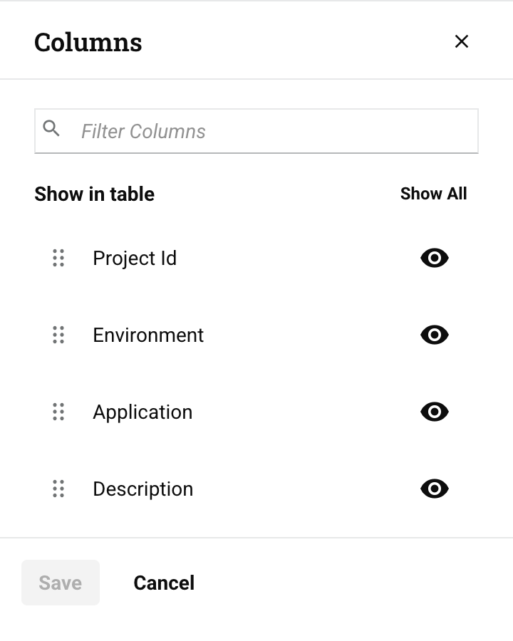 filter columns dialog