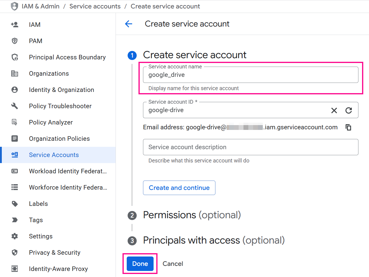 Google Cloud create service account