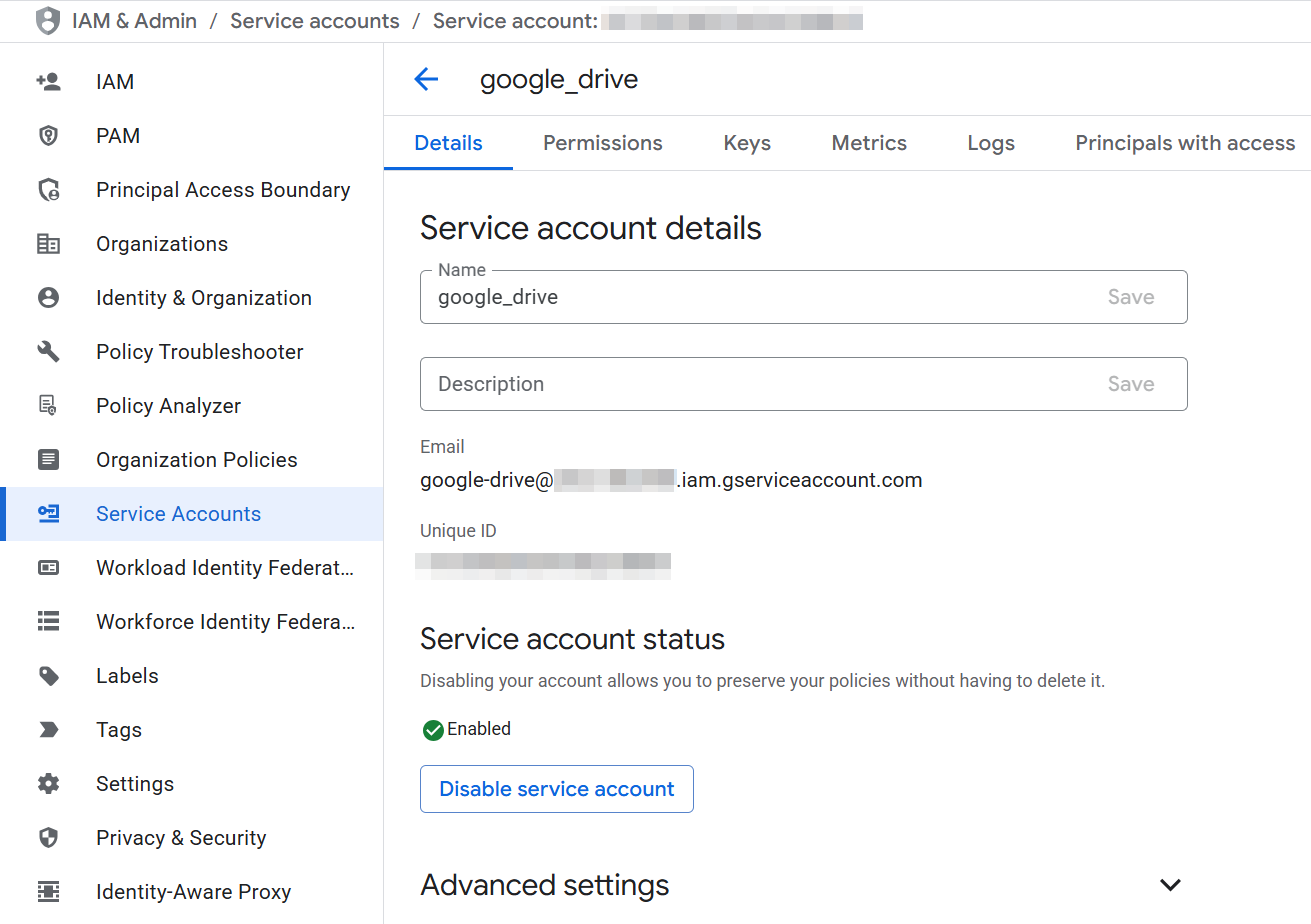 Google Cloud service account details